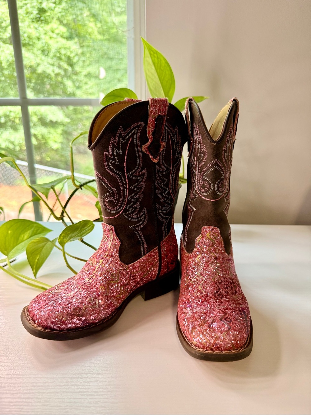 Roper Toddler Pink Glitter Aztec Square Toe Boot